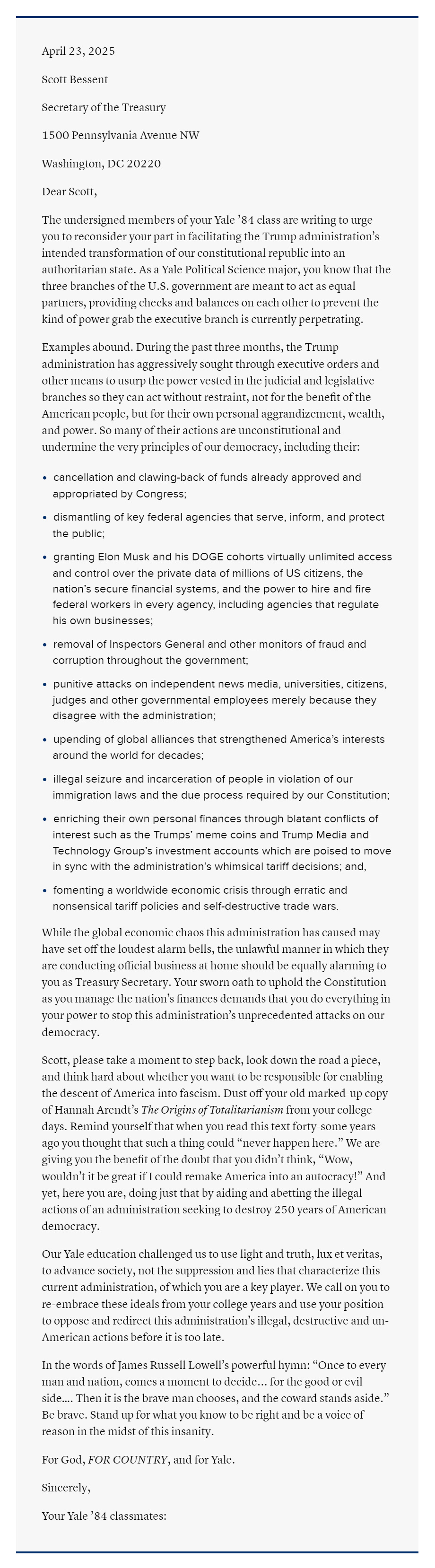 老虎機：同學聯名公開指責貝森特：你是否願意爲美國陷入“法西斯主義”負責